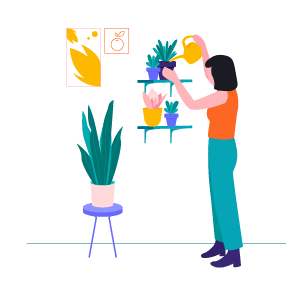 観葉植物に水をあげる女性