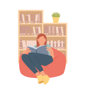 ビーズクッションに座って本を読む女性